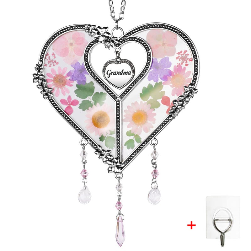 GUOER Heart Suncatcher with Pressed Flower Ornament Stained Glass Wind Chimes with Real FlowersBirthday for Favorite Person Grandma