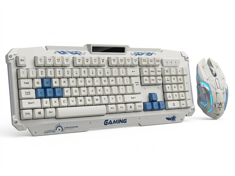 HK1868 Gaming Keyboard in White with Blue Keys - Ergonomic Non-Slip Design for Extended Gaming Sessions - Image 1