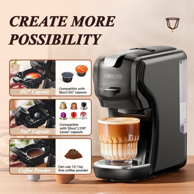 Home office capsule pod coffee machine: 19 bar pressure, adjustable cup height, hot/cold brew, compact espresso maker compatible with Nes Original/DG/ground, stainless steel black - Image 3