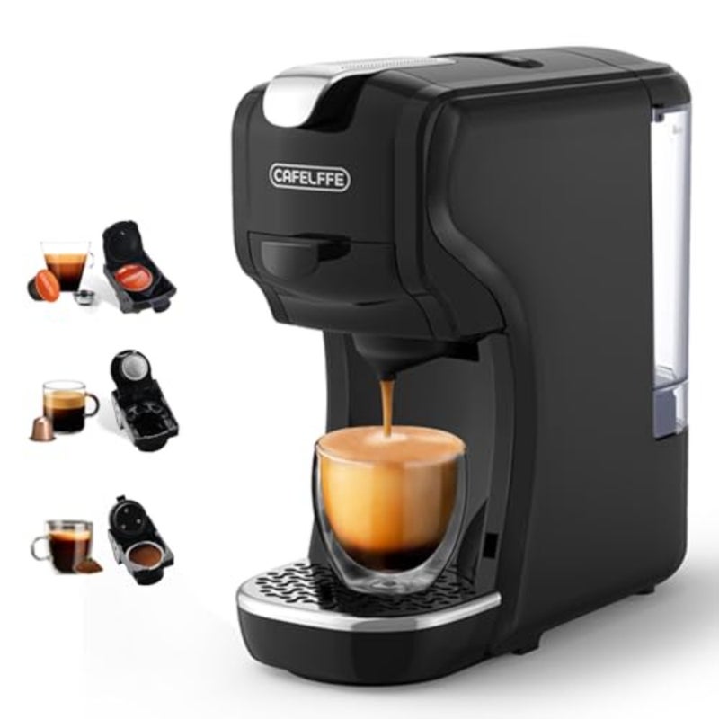 Home office capsule pod coffee machine: 19 bar pressure, adjustable cup height, hot/cold brew, compact espresso maker compatible with Nes Original/DG/ground, stainless steel black - Image 1