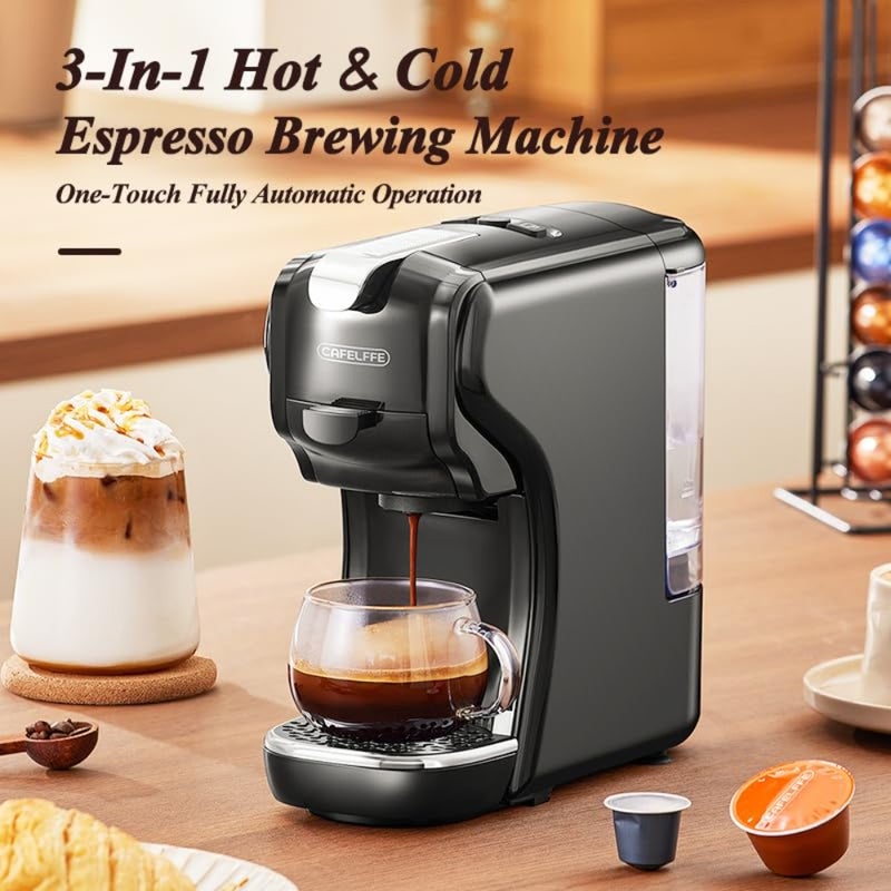 Home office capsule pod coffee machine: 19 bar pressure, adjustable cup height, hot/cold brew, compact espresso maker compatible with Nes Original/DG/ground, stainless steel black - Image 2
