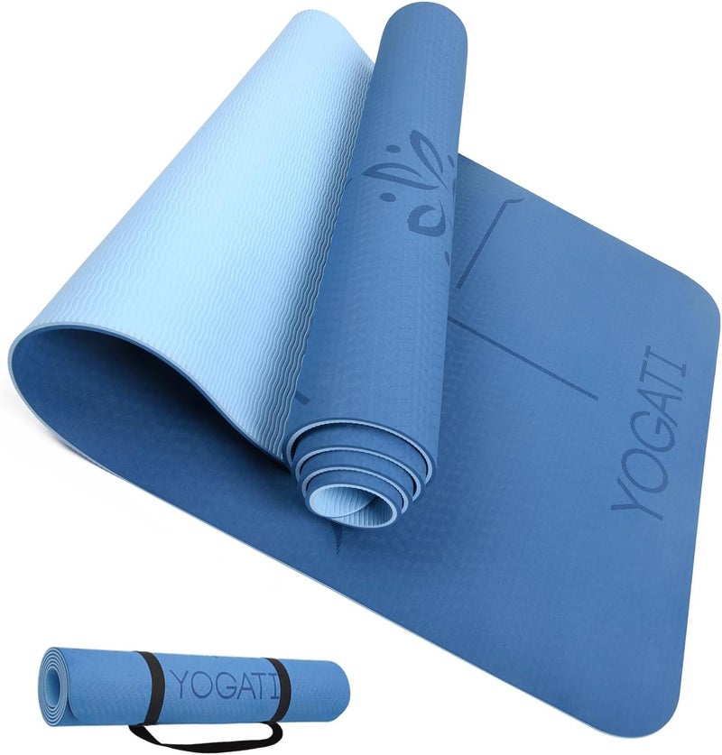 YOGATI ® Yoga Mat with Strap with Alignment Lines. Home Workout Mat for Women, Men and Kids. Thick Non Slip Yoga Mat for Pilates and Fitness. Brown, Pink and Purple Yoga Mats - Image 1