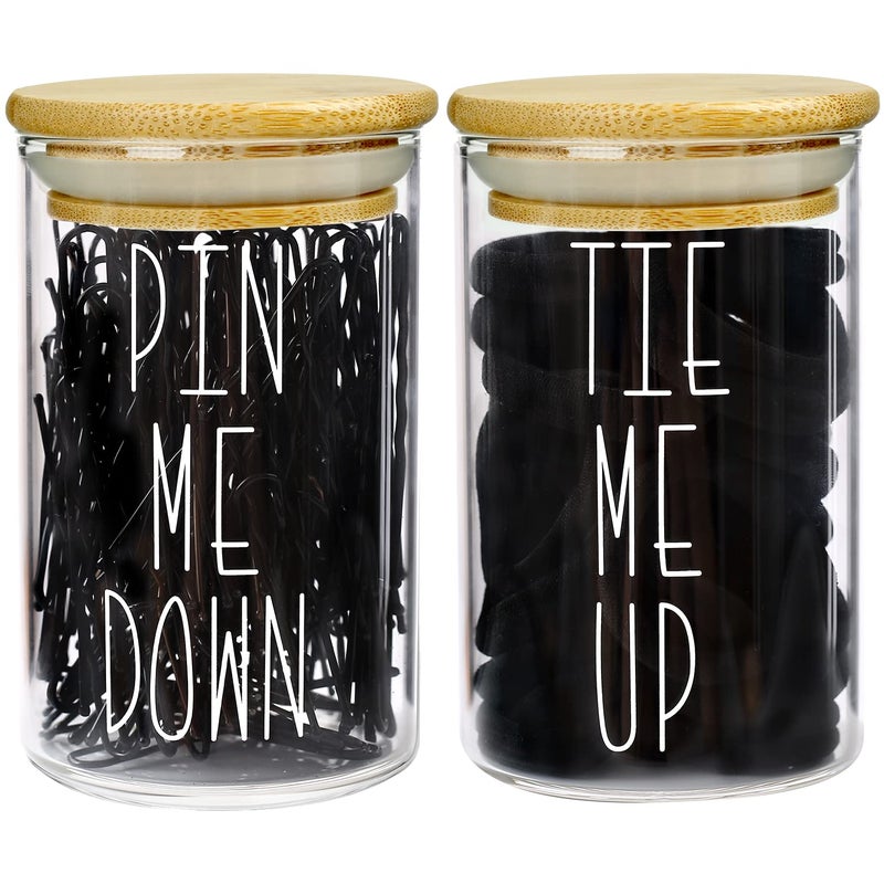 MOMEEMO Apothecary Jars with Lids for Bathroom Storage Organizer, Hair Tie Organizer & Bobby Pin Holder are Great for Bamboo Bathroom Accessories. (Hair Ties & Pins) - Image 1