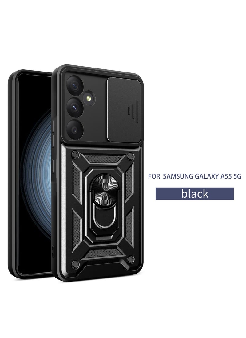 Generic Case Cover for Samsung Galaxy A55 5G, Slide Camera Lens Cover + 360°Rotating Kickstand Ring + Support Magnetic Car Mount Shockproof Mobile Phone Case  - Image 1