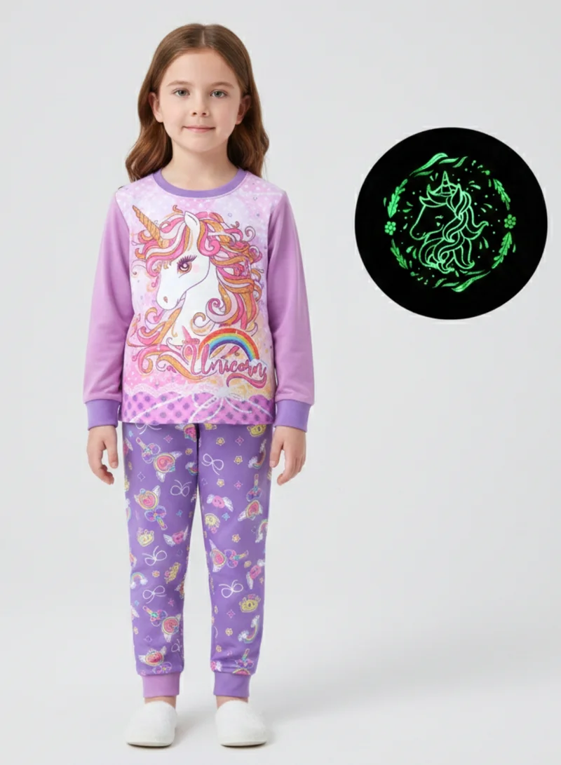 babyqlo Glow Rainbow Unicorn Girls Cotton Pajama Night Set