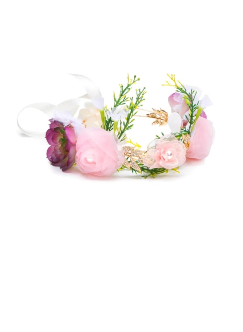 تاج زهرة زفاف صناعي مع زهور باللون الوردي والأرجواني والأخضر - Image 2