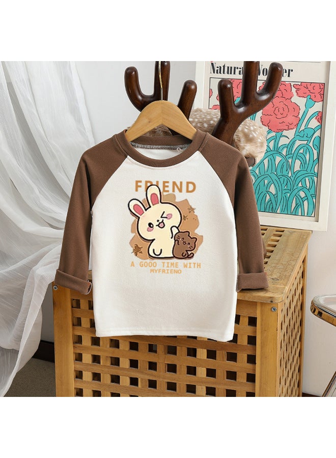 Autumn New Girls' Long Sleeve T-shirt Round Neck Korean Style Cartoon Printed Baby Base Shirt Top Men's Wear