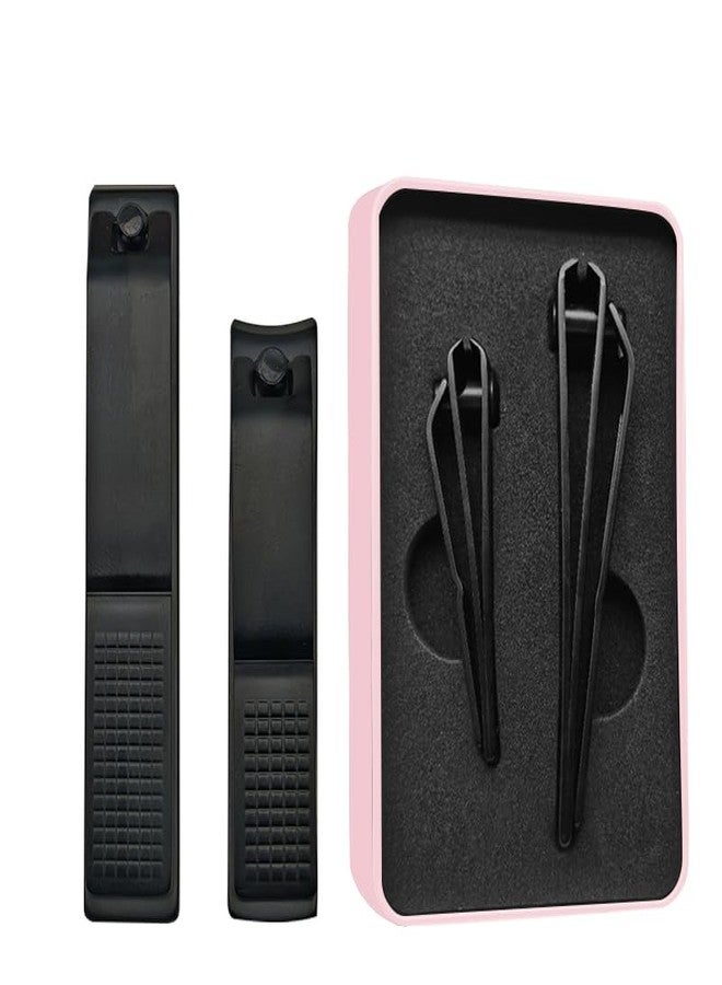 OHOO Nail Clippers Set Sharp Black Nail Cutter Fingernail Toenail Clipper with Case Large and Small 2 Piece (Pink case) - Image 1