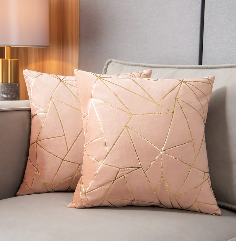 YONGLIU YONGLIU Pack of 2 Velvet Cushion Cases Decorative Gold Foil Geometric Pattern Ultra-Soft Square Throw Pillow Covers for Modern Homes Couch Sofa Bedroom Living Room Car Chair (Peach  16""X16"")  - Image 1