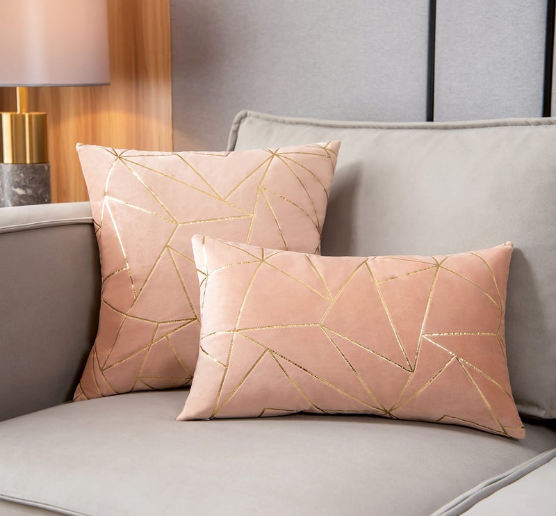 YONGLIU YONGLIU Pack of 2 Velvet Cushion Cases Decorative Gold Foil Geometric Pattern Ultra-Soft Square Throw Pillow Covers for Modern Homes Couch Sofa Bedroom Living Room Car Chair (Peach  16""X16"")  - Image 4