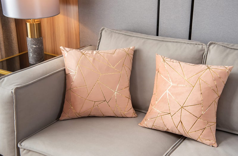 YONGLIU YONGLIU Pack of 2 Velvet Cushion Cases Decorative Gold Foil Geometric Pattern Ultra-Soft Square Throw Pillow Covers for Modern Homes Couch Sofa Bedroom Living Room Car Chair (Peach  16""X16"")  - Image 3