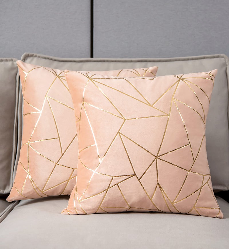 YONGLIU YONGLIU Pack of 2 Velvet Cushion Cases Decorative Gold Foil Geometric Pattern Ultra-Soft Square Throw Pillow Covers for Modern Homes Couch Sofa Bedroom Living Room Car Chair (Peach  16""X16"")  - Image 2