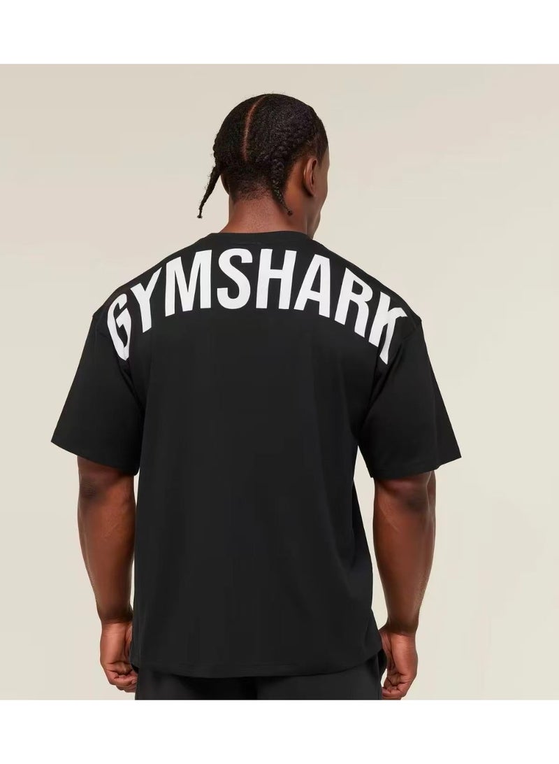 Gymshark Power T-Shirt, Men Heavyweight Oversized Gym Tshirt, Back Graphic Workout Lifting Training Top (Black/White) - Image 1