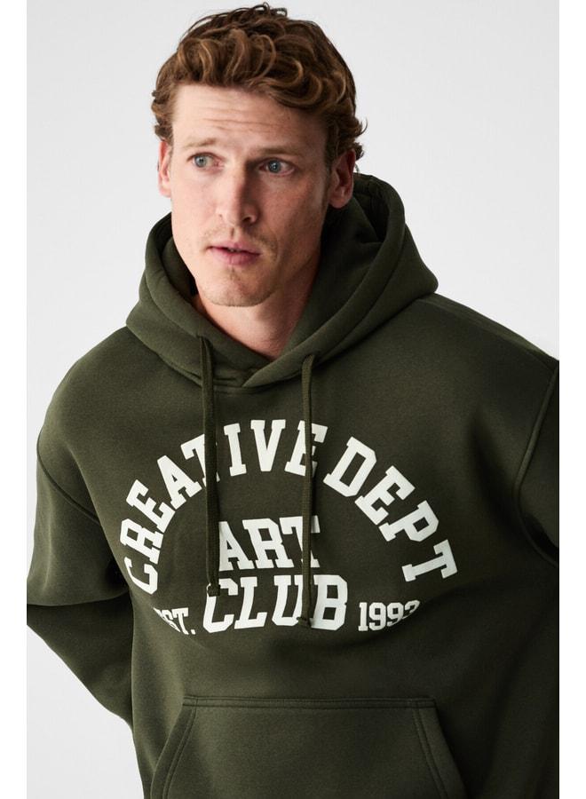 GRIMELANGE CASSIAN Men's Front-Puffed Printed Hooded Corded Kangaroo Pocket Khaki Sweatshirt. - Image 3