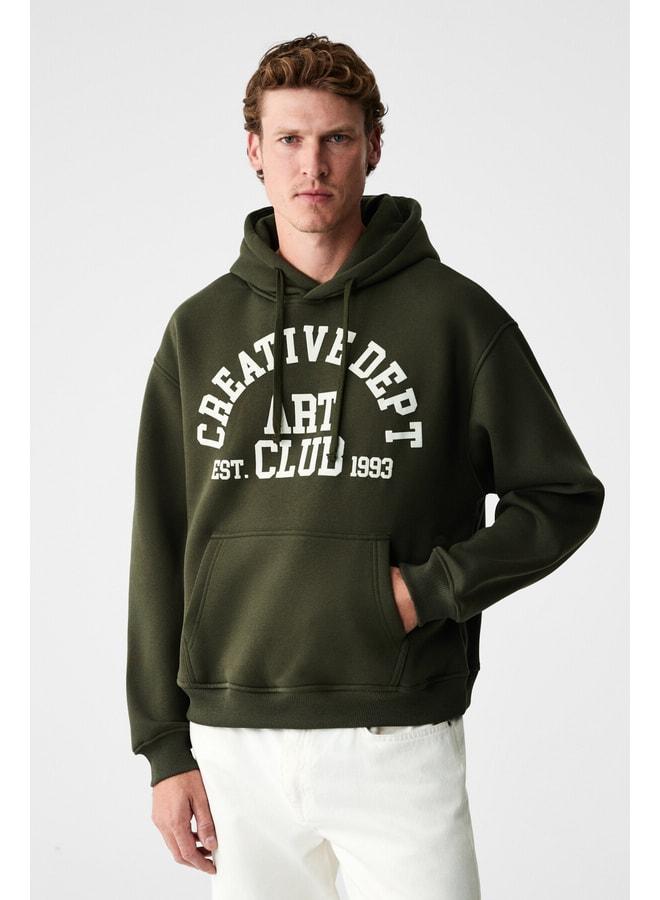 GRIMELANGE CASSIAN Men's Front-Puffed Printed Hooded Corded Kangaroo Pocket Khaki Sweatshirt. - Image 1