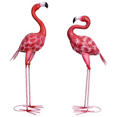 SUNREEK 2Pcs Flamingo Outdoor Statues, Metal Flamingo Yard Art Decor for Garden Home Patio Yard Display - Image 1