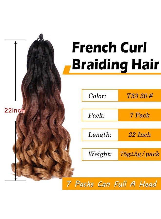 Colorful Queen French Curly Braiding Hair 7 Packs 22 Inch Pre Stretched Braiding Hair Ombre Bouncy Loose Wave Crochet Braids for Women Spanish Curly Ends Synthetic Hair Extensions (7 Packs, 1B/33/30#) - Image 2