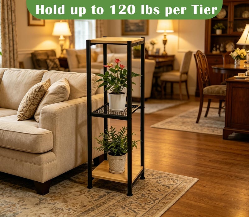 Dipion Extra Tall Plant Stand Indoor,40 Inch Plants Stands,3 Tier Metal Plant Stand with Heavy Duty Wood and Metal Mesh Shelf,Yellow Oak and Black - Image 4