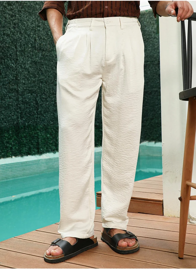 كامبوس سوترا Campus SutraOff White Textured Pleated Trousers
