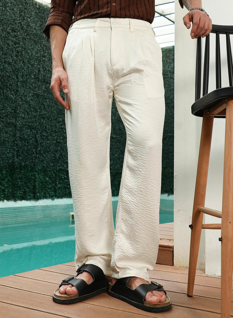 Campus Sutra Campus SutraOff White Textured Pleated Trousers  - Image 1
