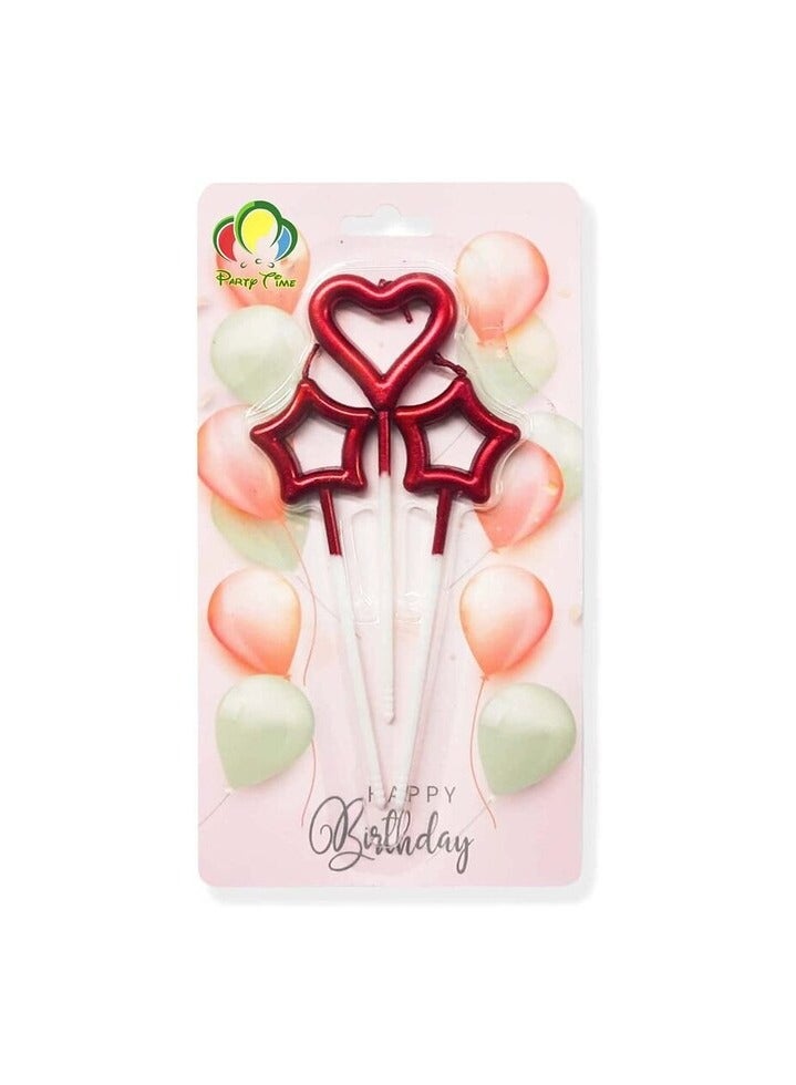 Party Time 3 Pieces Metallic Red Heart and Star Shape Candles, Anniversary, Wedding, Birthday Candle, Valentines Day Candle Set, Cake Topper, Cake Decoration - Party Supplies