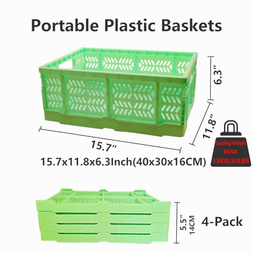 PTEREIW 20L Folding Crate 4Pack Plastic Storage Baskets Organizer for Home and OfficeCollapsible Storage Crates for Home Office and Outdoor Organizer Green - Image 3