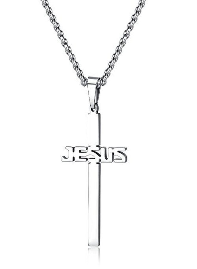 REVEMCN Stainless Steel Jesus Cross Pendant Necklace for Men Women 20-24 Inches Rolo Chain Christian Gifts for Men Faith - Image 1
