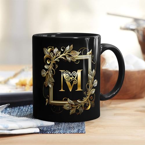 Gift Arcadia Golden Floral Alphabet Letter M Printed Coffee Mug Gift for Girl, boy,Wife,Husband,Girlfriend Boyfriend,Kids,Brother,Sister,Love and Valentines Day - 1pcs, Black, 330ml (AL-M) - Image 1