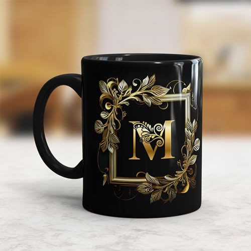 Gift Arcadia Golden Floral Alphabet Letter M Printed Coffee Mug Gift for Girl, boy,Wife,Husband,Girlfriend Boyfriend,Kids,Brother,Sister,Love and Valentines Day - 1pcs, Black, 330ml (AL-M) - Image 3