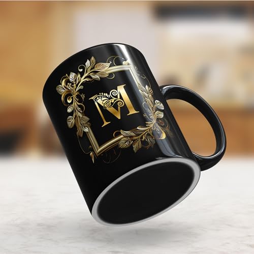 Gift Arcadia Golden Floral Alphabet Letter M Printed Coffee Mug Gift for Girl, boy,Wife,Husband,Girlfriend Boyfriend,Kids,Brother,Sister,Love and Valentines Day - 1pcs, Black, 330ml (AL-M) - Image 2