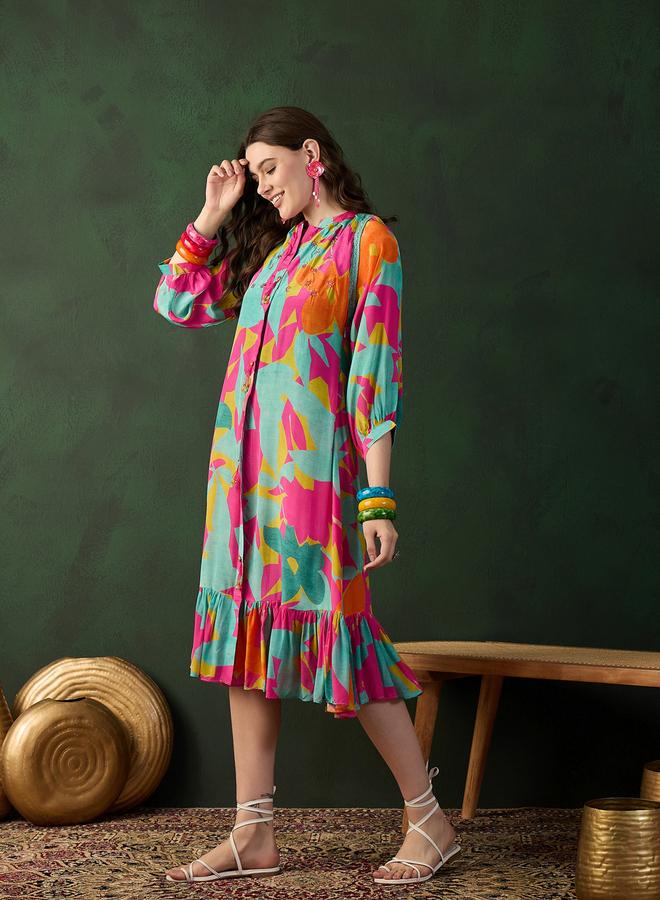 DW Printed A-Line Ruffled Hem Midi Dress - Image 3