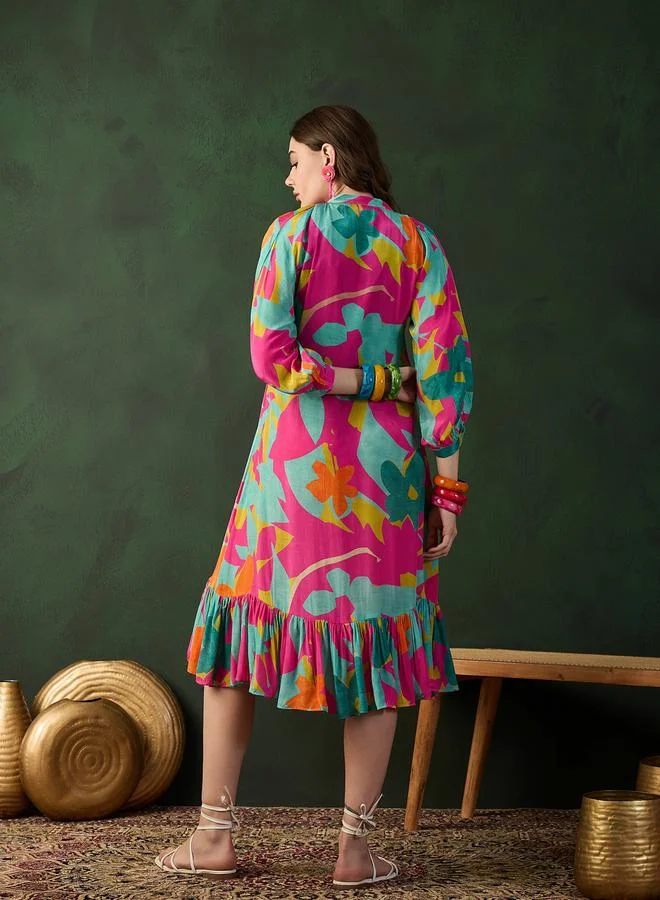 DW DW Printed A-Line Ruffled Hem Midi Dress