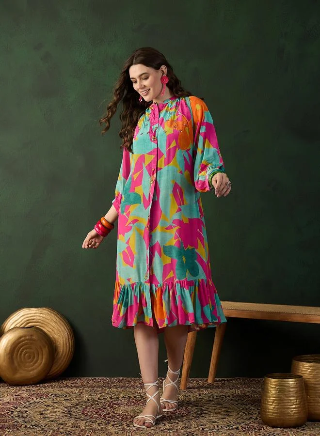 DW DW Printed A-Line Ruffled Hem Midi Dress