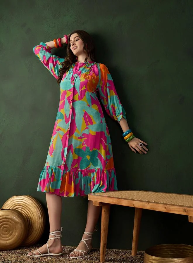 DW DW Printed A-Line Ruffled Hem Midi Dress