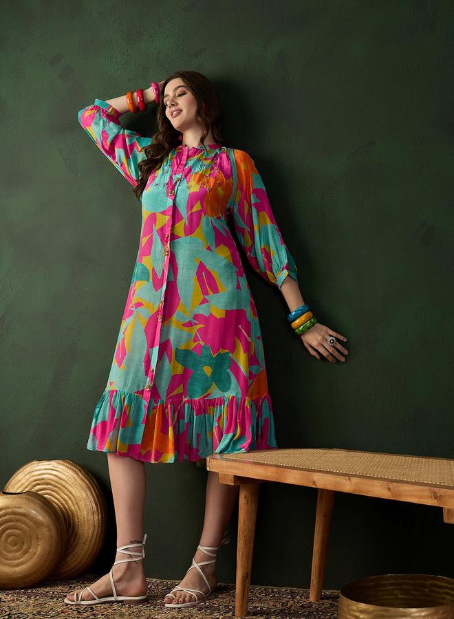 DW Printed A-Line Ruffled Hem Midi Dress - Image 4