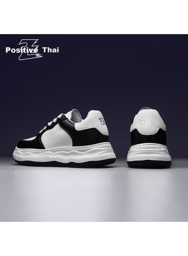 Chint Zhentai 7cm Height Increasing Shoes Men's Invisible Inner Heightening Air Force Small White Shoes Men's Cowhide Casual Board Shoes Jz0214 Black And White 42 - Image 1