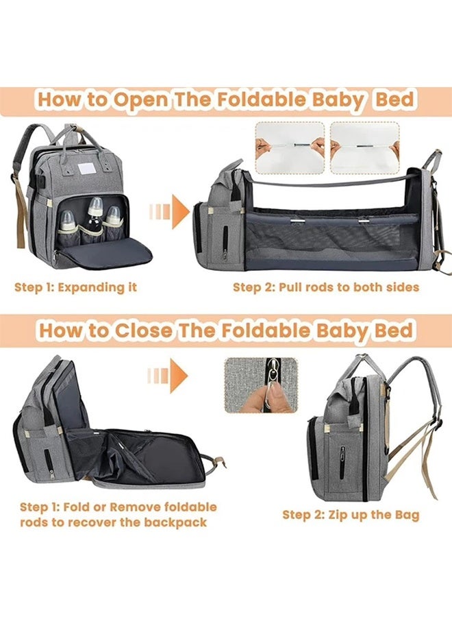 تودي جي هو حقيبة أمي طي سرير الطفل حفاضات الطفل حقيبة الظهر الأم مقاومة للماء الكتف المزدوج المحمول بسعة كبيرة للسفر (الرمادي) - Image 2