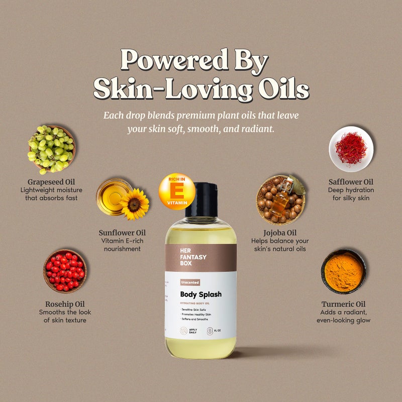 Her Fantasy Box | Body Splash Hydrating Body Oil - Moisturizing, Non-Greasy Formula for Soft, Smooth Skin - All-Natural, Lightweight & Nourishing (8 Fl Oz, Unscented) - Image 4