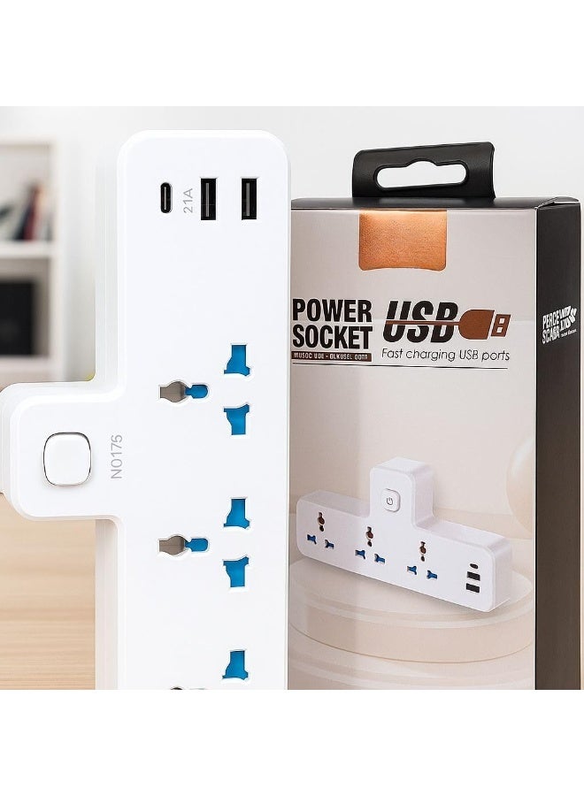 MOMENT Multi Plug Extension Socket with USB USB & Type-C Slots 3 Universal AC Socket,Wall Charger, Universal Plug Adapter, Charging Station for Home, Office, Kitchen, Individually Switched - Image 4