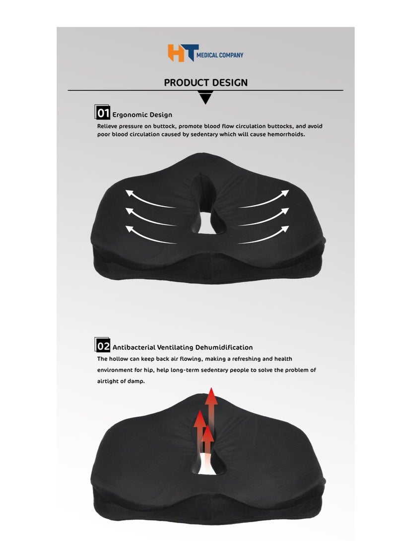 اتش تي مقعد طبي مريح من الميموري فوم الالماني عالي الجودة , وسادة غير قابله للانزلاق ولتقويم عظام العصعص ولتخفيف الضغط علي منطقة الحوض و تخفيف الآلم عرق النسا (اسود) - Image 3