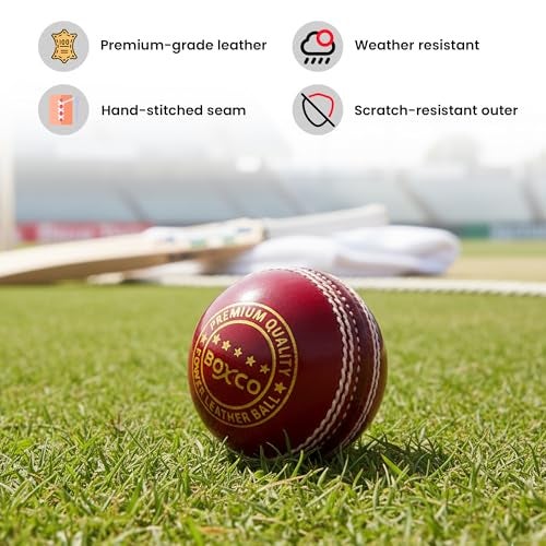 BOXCO Power Hand-Stitched Four-Piece Cricket Leather Ball Durable Match Ball for T20, One Day & Test Matches (Red, Pack of 1) - Image 2
