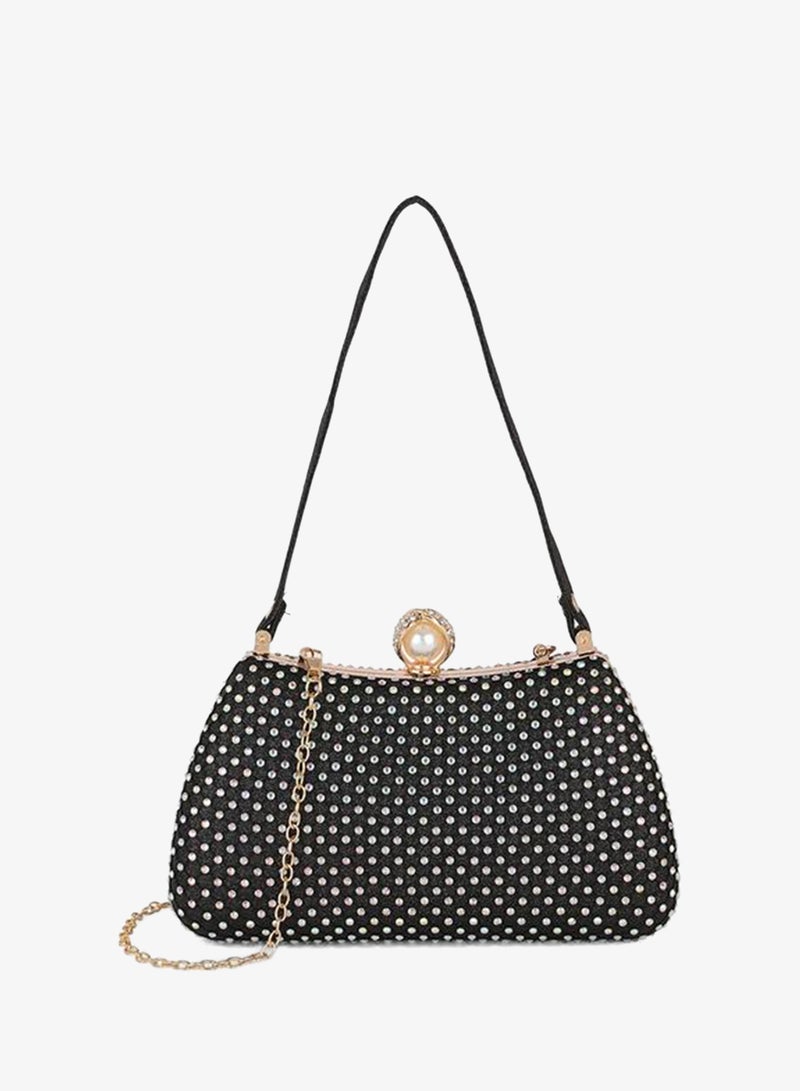 globus Black Embellished Clutch with Chain Strap - Image 1