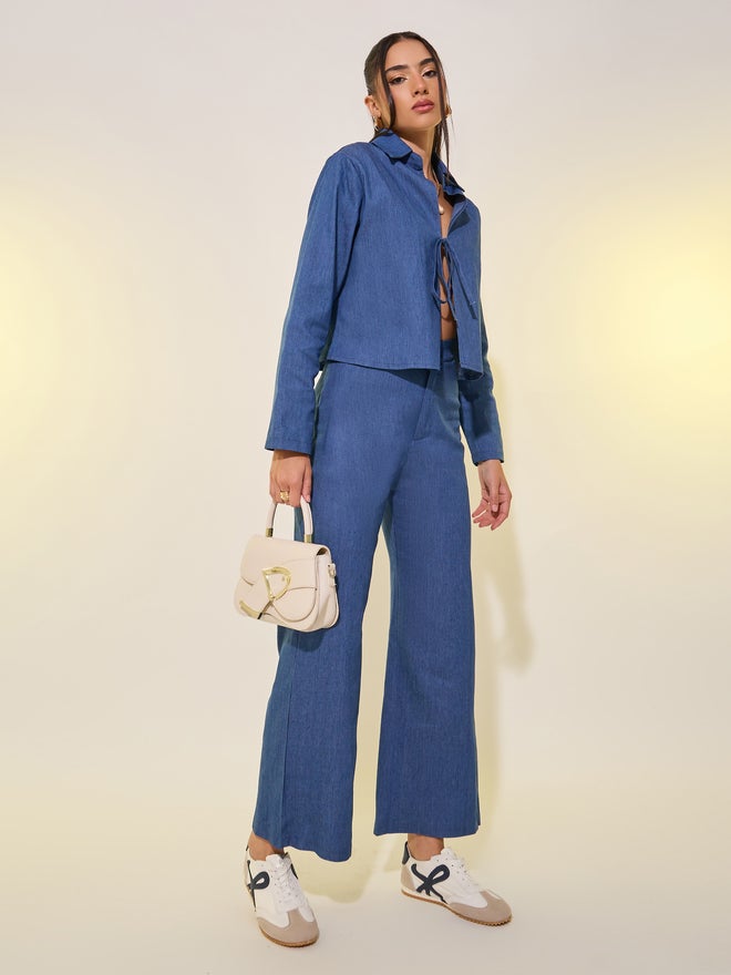 Take Two Plain Denim Look Tie Front Blouse and Pants Co-Ords - Image 2