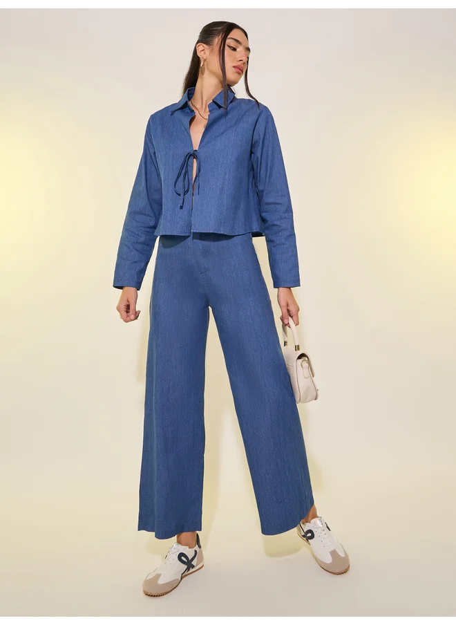 Take Two Take Two Plain Denim Look Tie Front Blouse and Pants Co-Ords