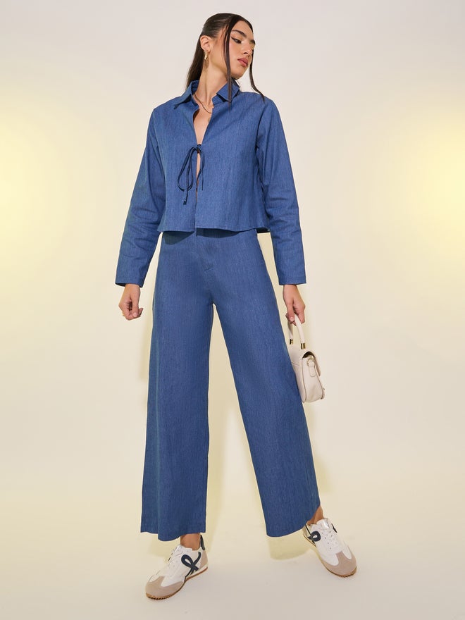Take Two Plain Denim Look Tie Front Blouse and Pants Co-Ords - Image 1