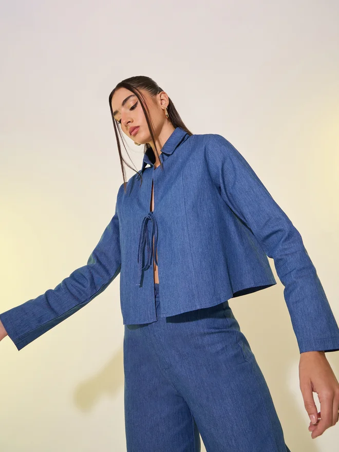 Take Two Take Two Plain Denim Look Tie Front Blouse and Pants Co-Ords