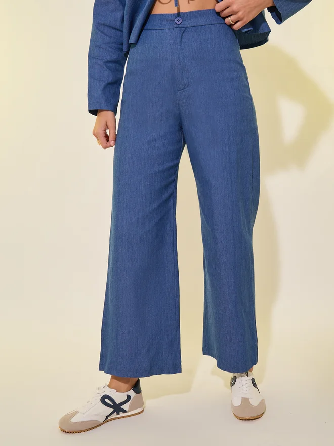 Take Two Take Two Plain Denim Look Tie Front Blouse and Pants Co-Ords