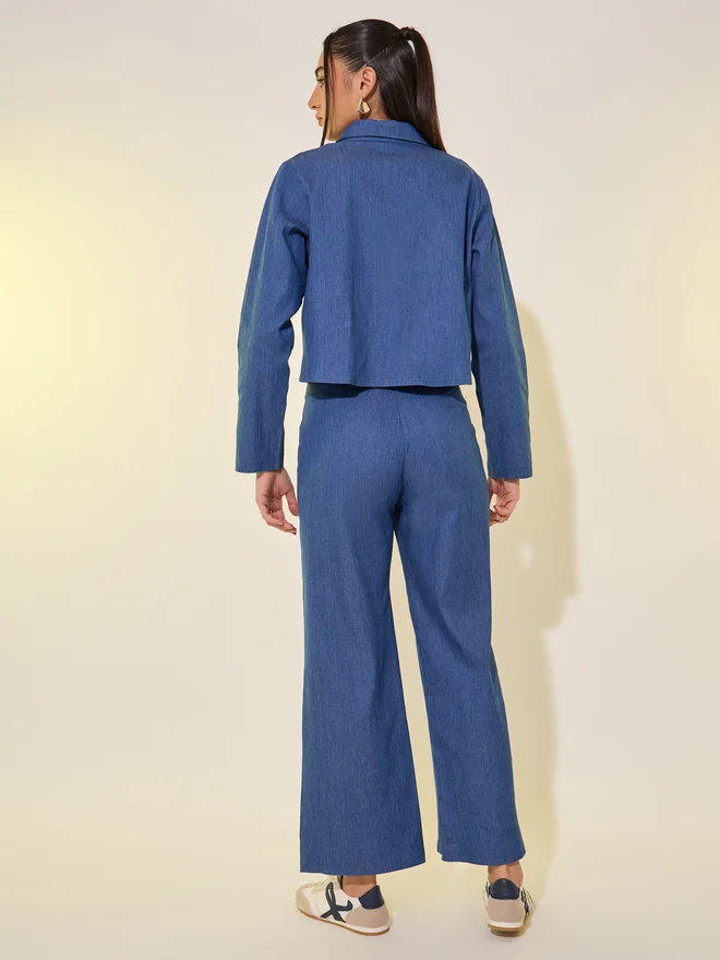 Take Two Take Two Plain Denim Look Tie Front Blouse and Pants Co-Ords