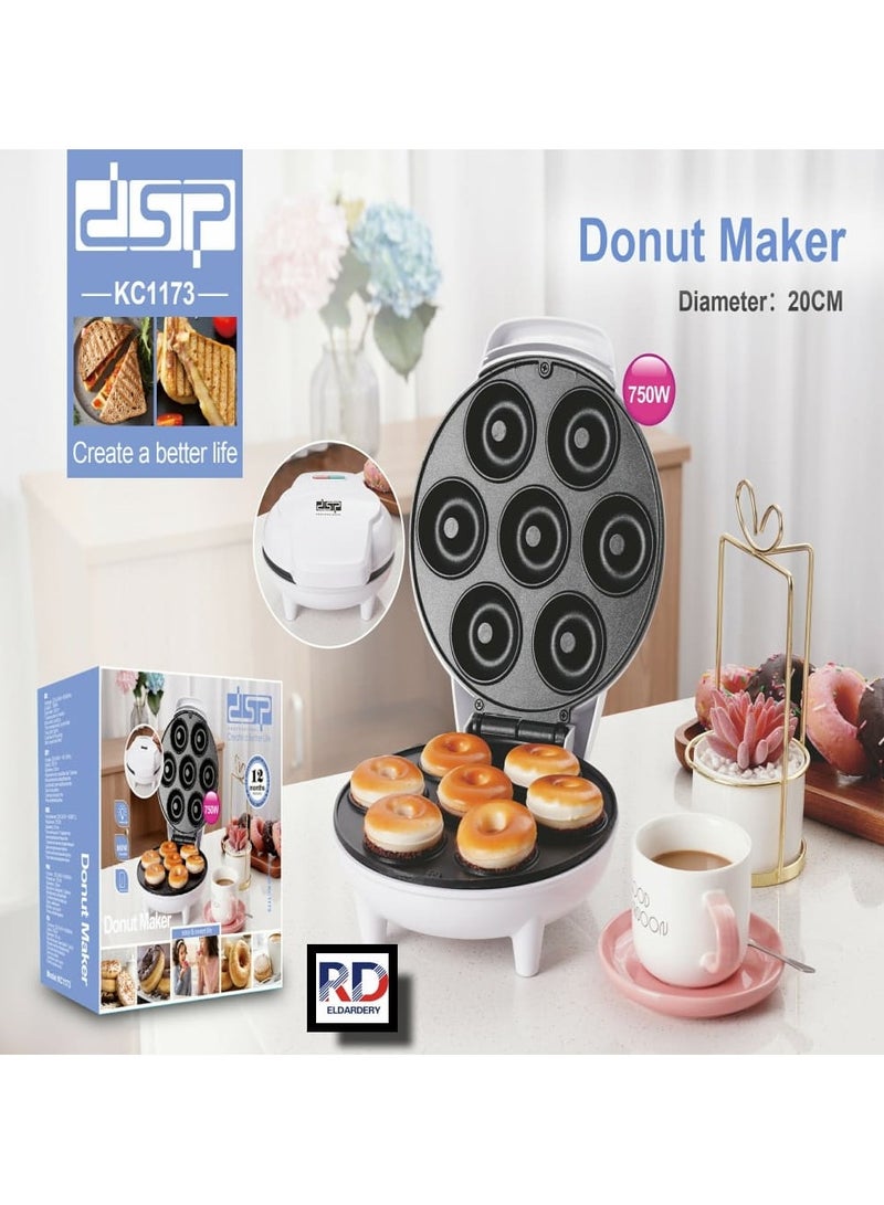 DSP Donut Maker 750W 7-Piece Donut Maker Non-Stick Coating Thermostat Dual Indicator Lights Cool Touch Housing Non-Slip Feet White