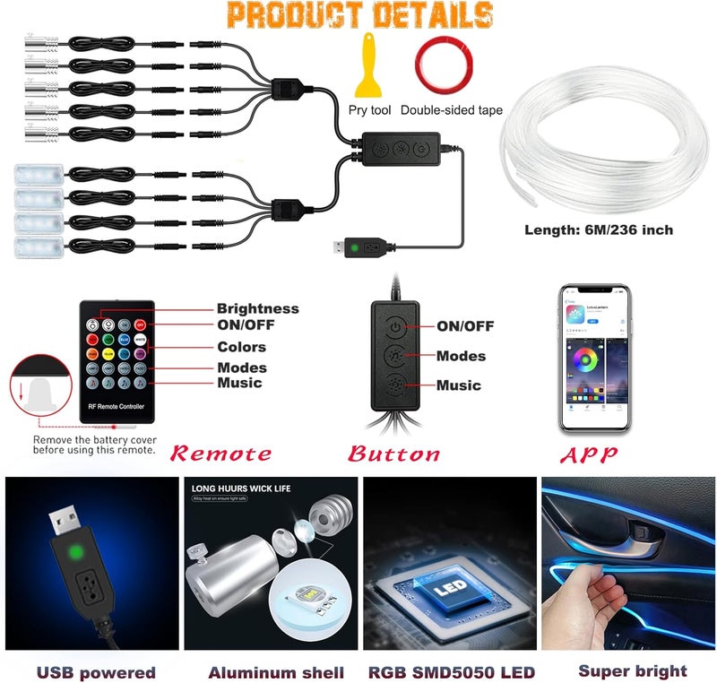 Jushope Car LED Lights, USB Interior Car Lights Strip RGB 9 in 1 Car Ambient Lighting Kit with 236" Integrated Molding Fiber Optic, Under Dash Lights Music Sync Wireless APP/RF Remote/Button Control - Image 4